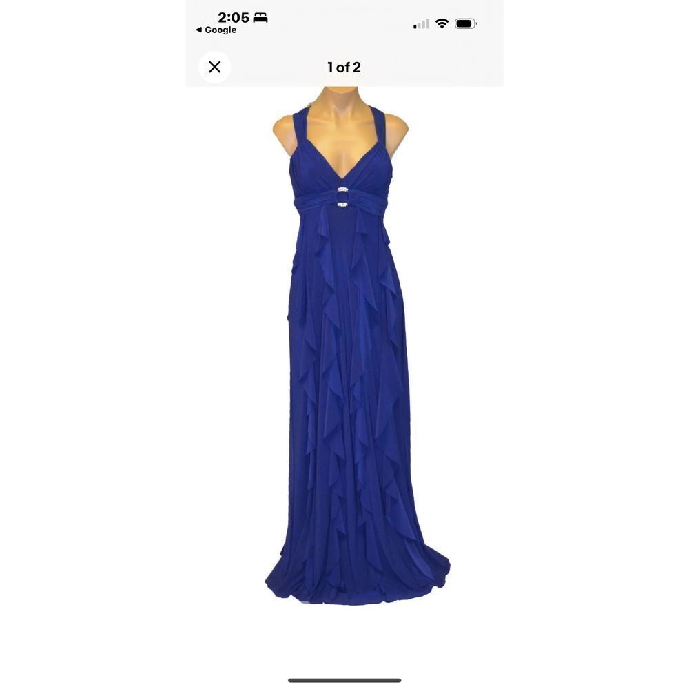 Betsy Adam Royal blue formal dress, layered ruffles going down dress, lightly pa
